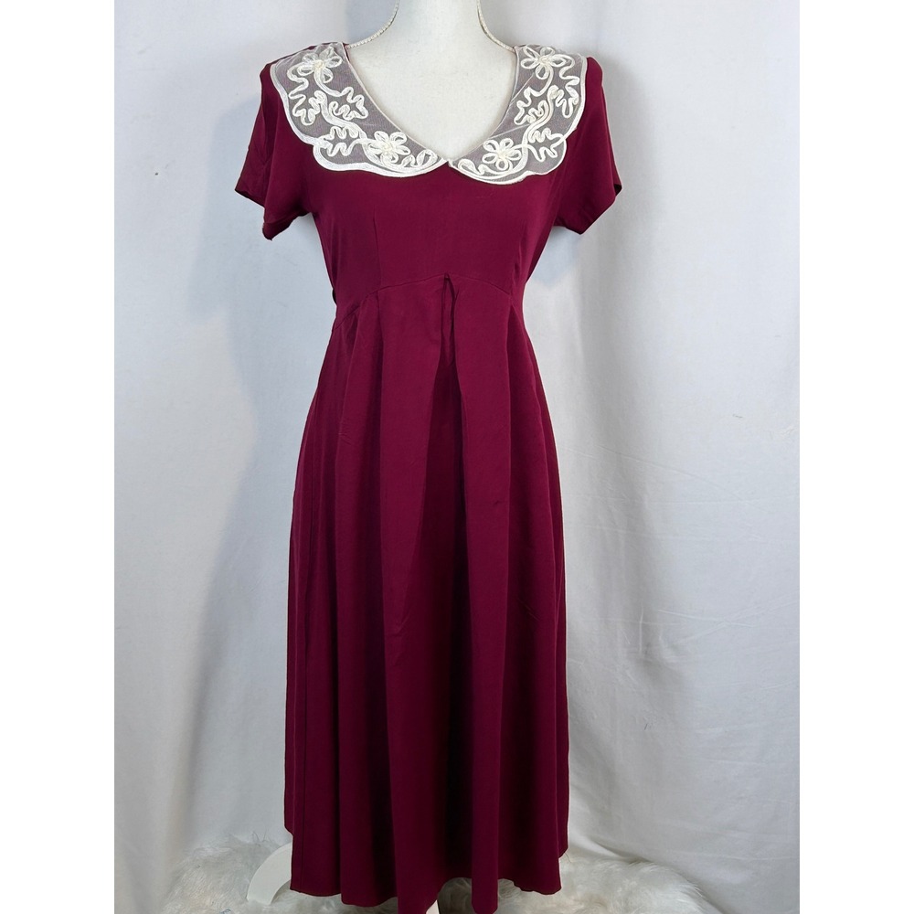 Expo Petite Vintage Burgundy Midi Dress Lace Collar Rayon Wine Red Sz 10